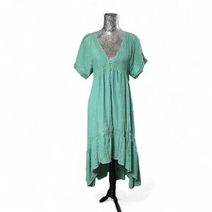 Cottagecore Lace Trim Maxi Dress Sage Green High Low V Neck Peasant Fairy Large
